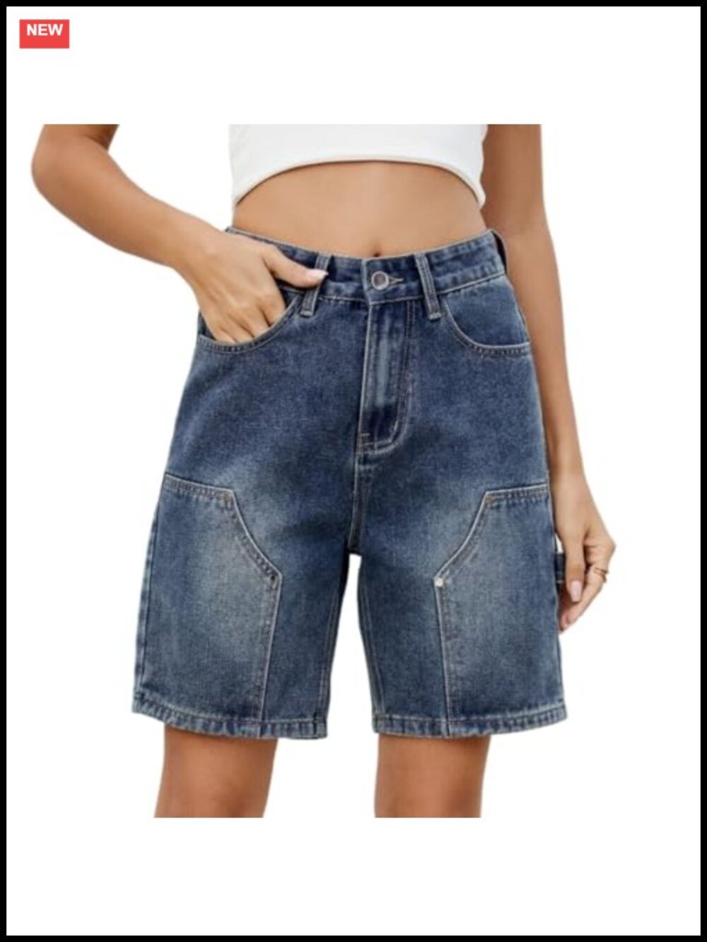 High Waisted Baggy Cargo Jean Shorts Knee Length Utility Pockets Loose Fit